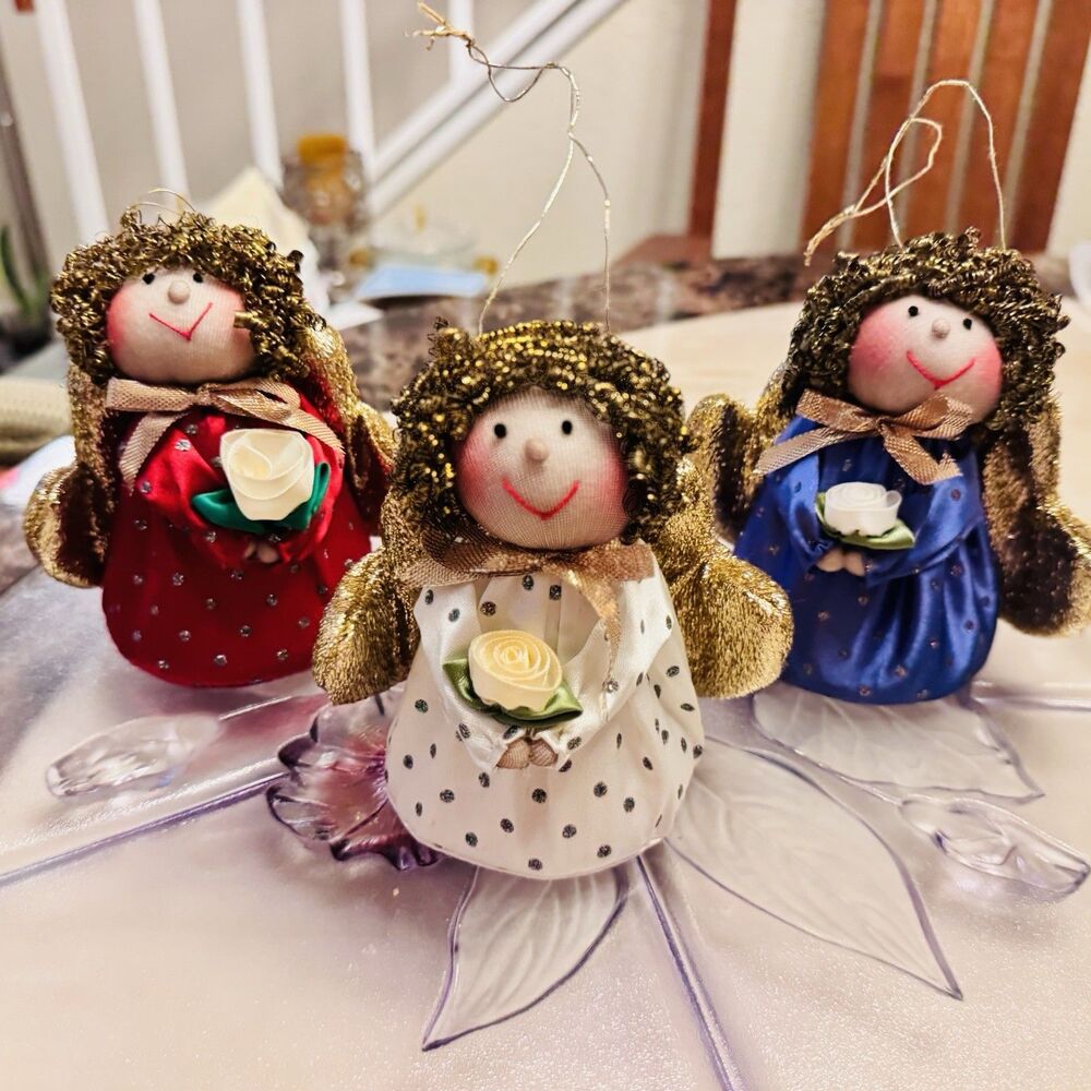 Handmade Christmas Angel Ornaments Set of 3 Fabric & Metallic Curl Hair Holiday